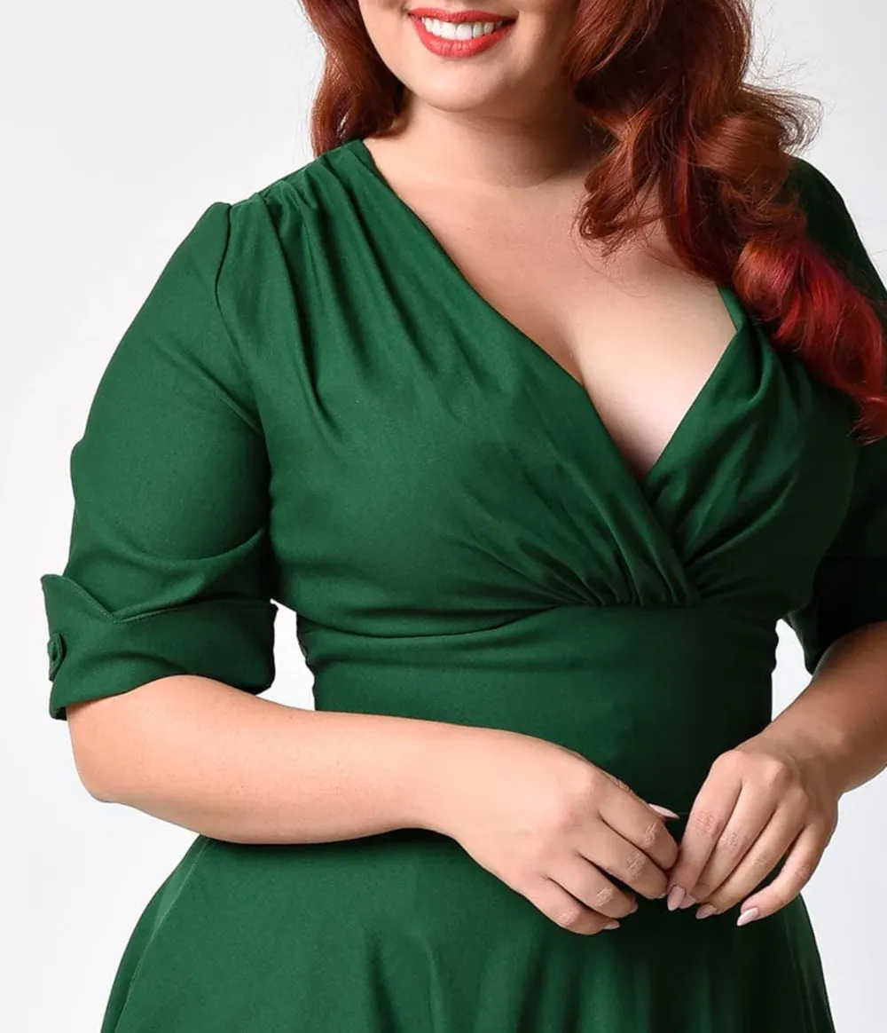 Unique Vintage Plus Size Emerald Green Delores Swing Dress With Sleeves