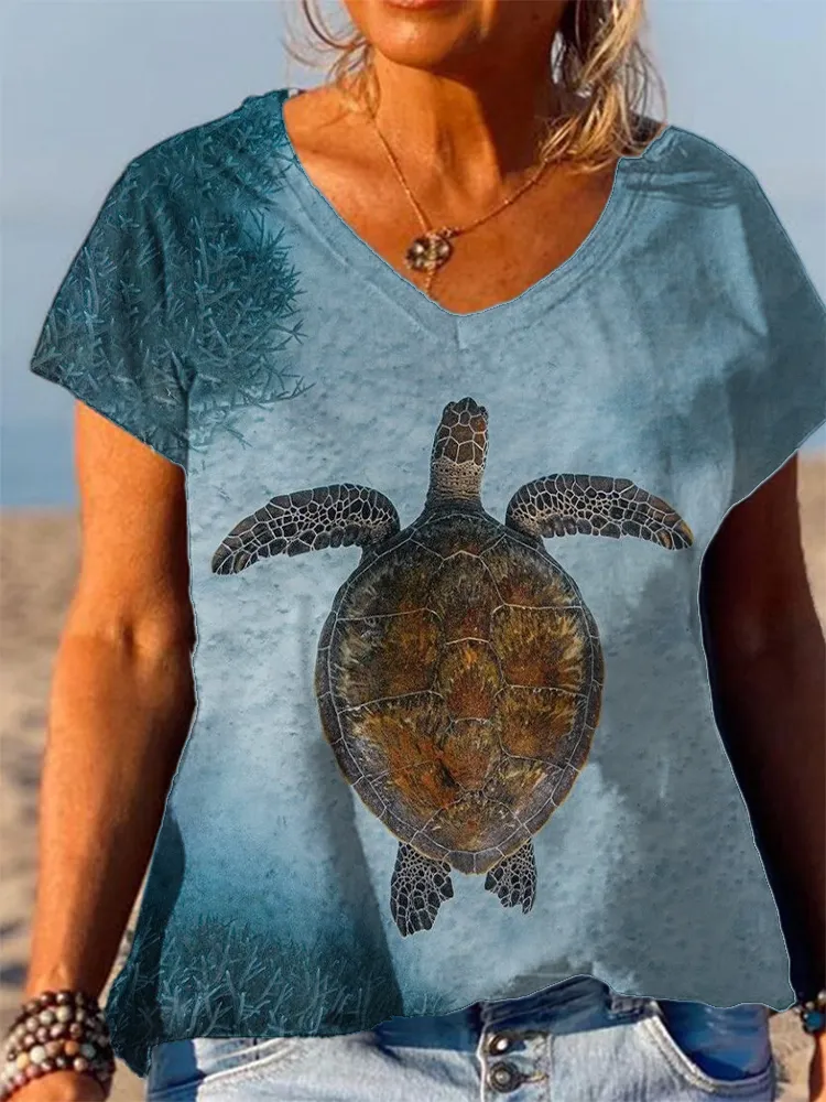Women'S Summer Beach Turtles  Print V-Neck Cotton T-Shirt