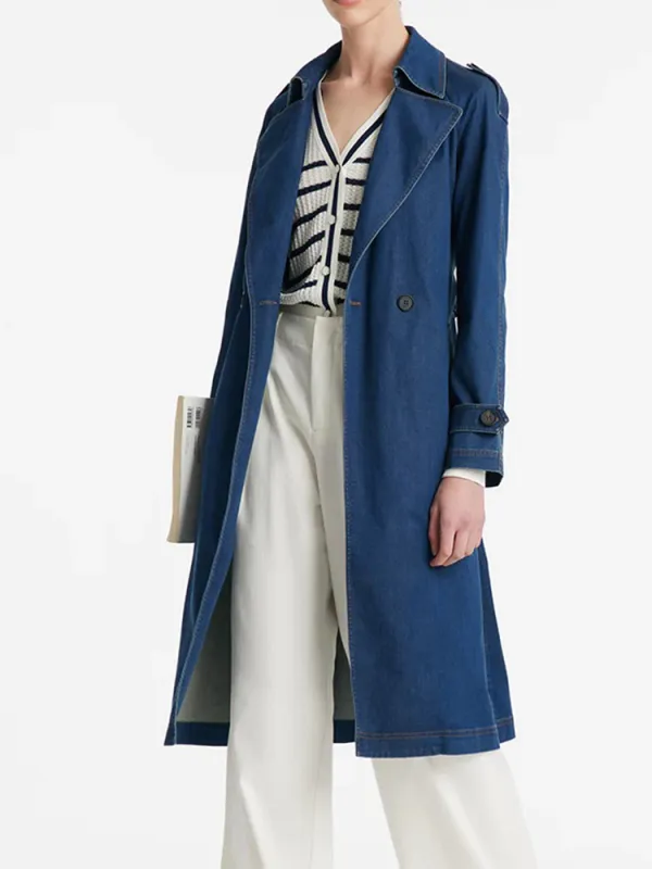 Denim Lapel Women Trench Coat With Belt