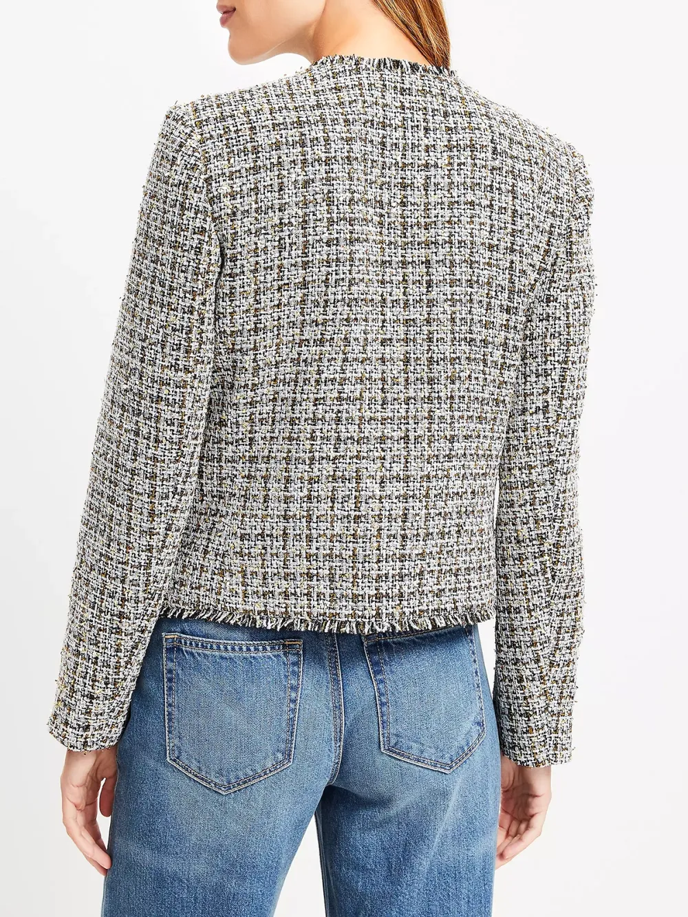 Metallic Fringe Tweed Collarless Jacket