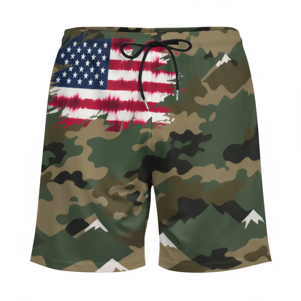 Flag Camouflage Sports Beach Shorts In The Upper Right Corner