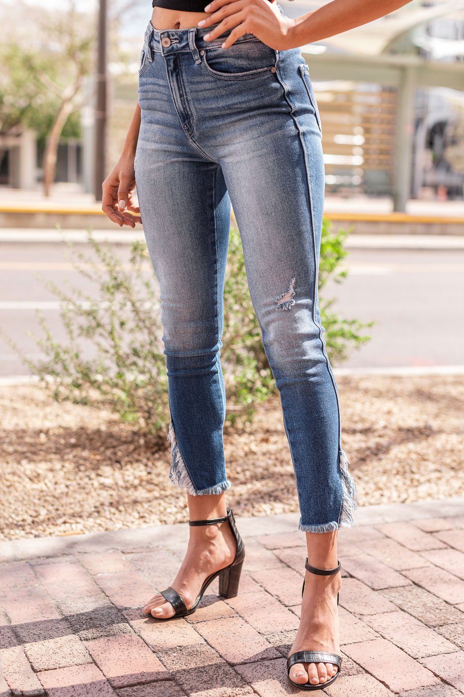 Frayed Skinny Nine-Point Long Jeans