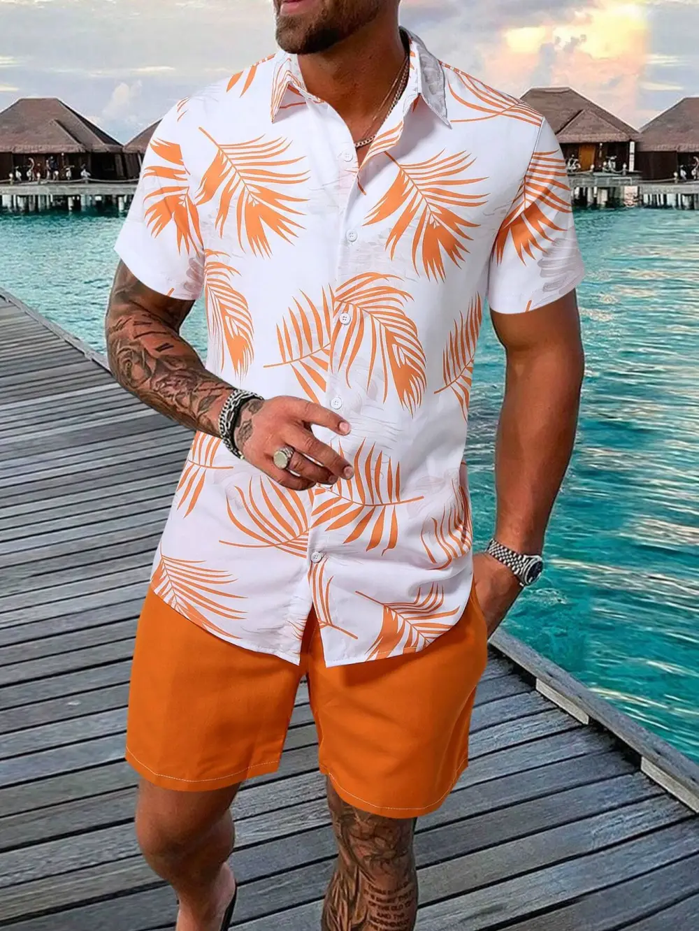2pcs Men's Floral Print Shirt And  Pocket Shorts Set Men Summer Outfits