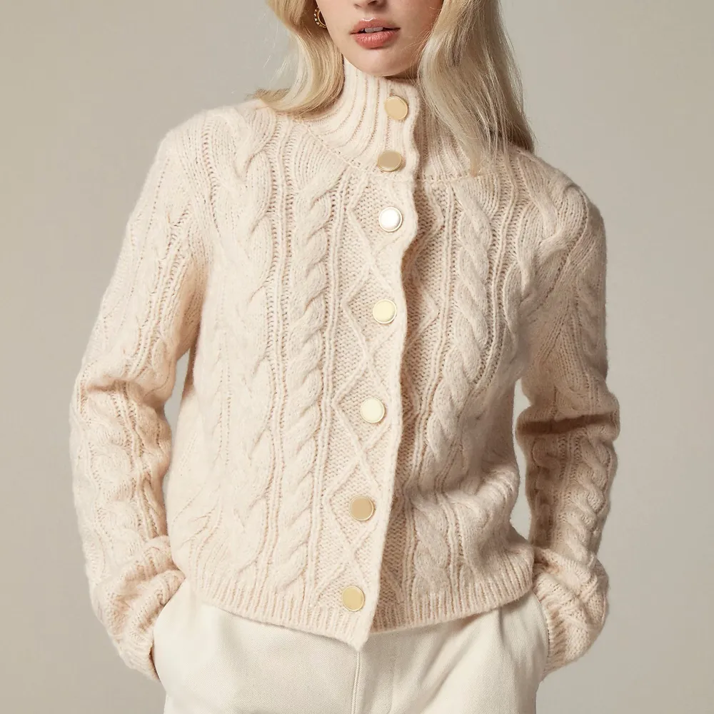 Cable-knit turtleneck cardigan sweater