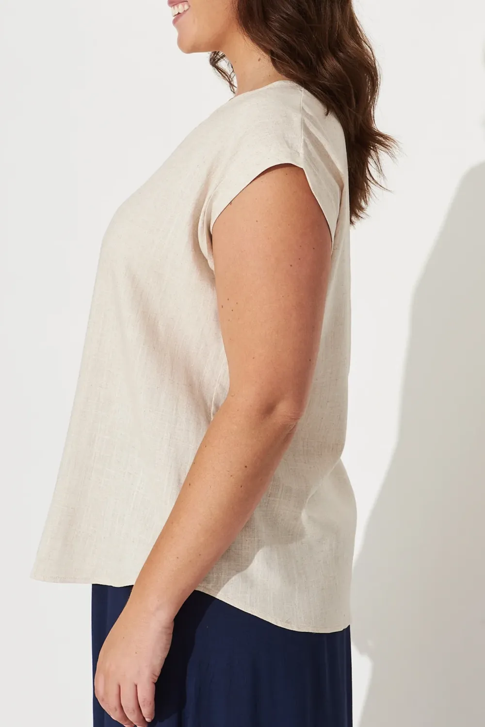 Beige Crew Neck Linen Short Sleeve Top