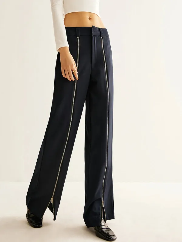 Zipper Design Mid-Waist Pants