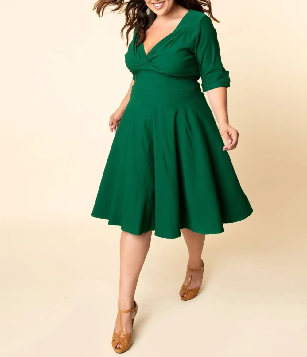 Unique Vintage Plus Size Emerald Green Delores Swing Dress With Sleeves