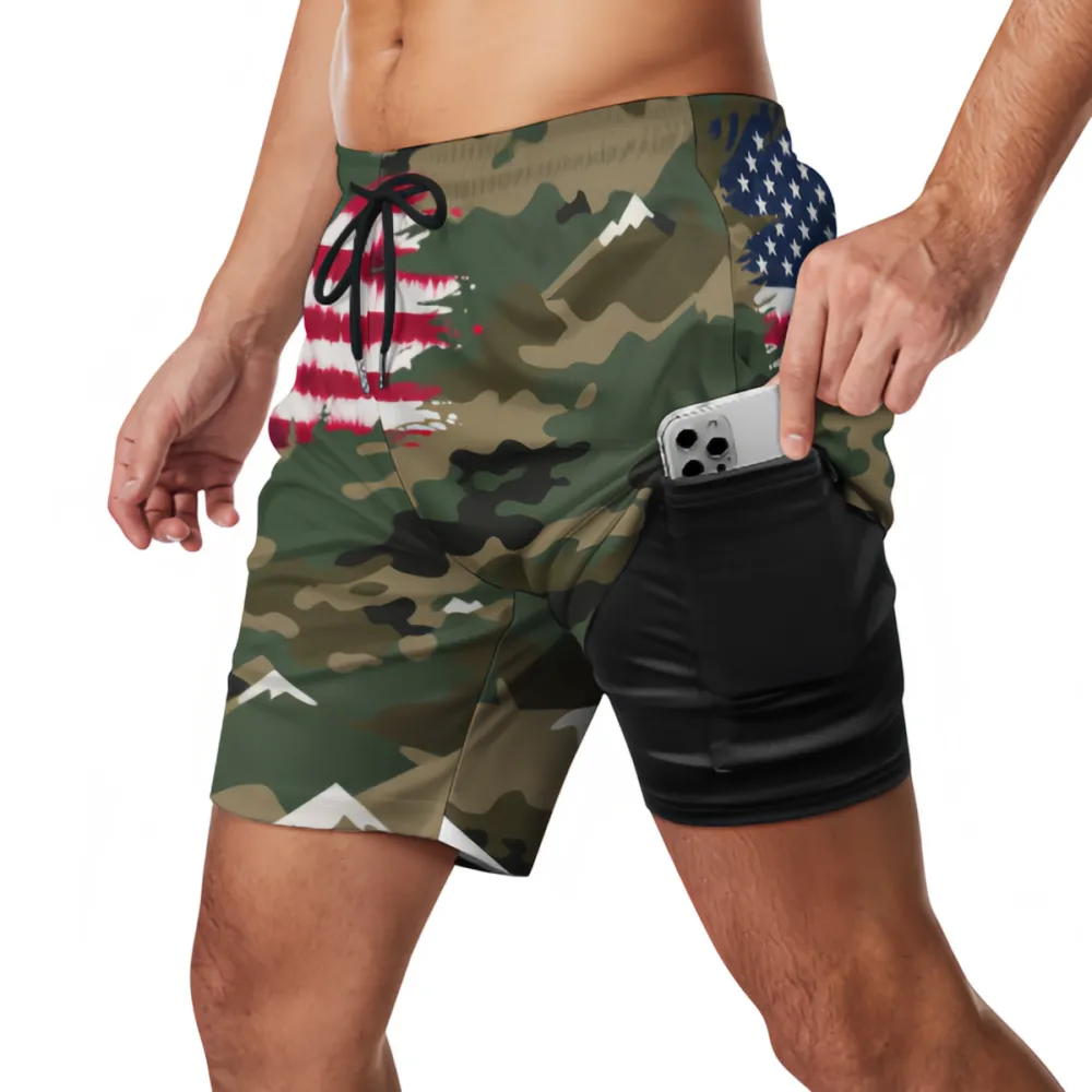 Flag Camouflage Sports Beach Shorts In The Upper Right Corner