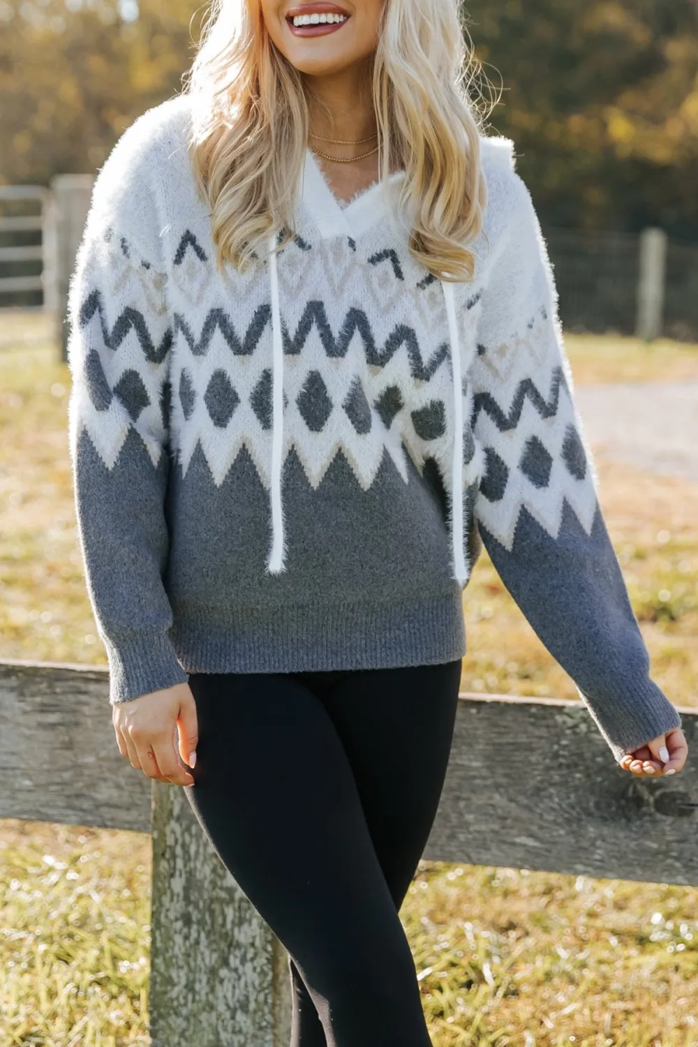 Fuzzy Grey Nordic Print Hooded Sweater