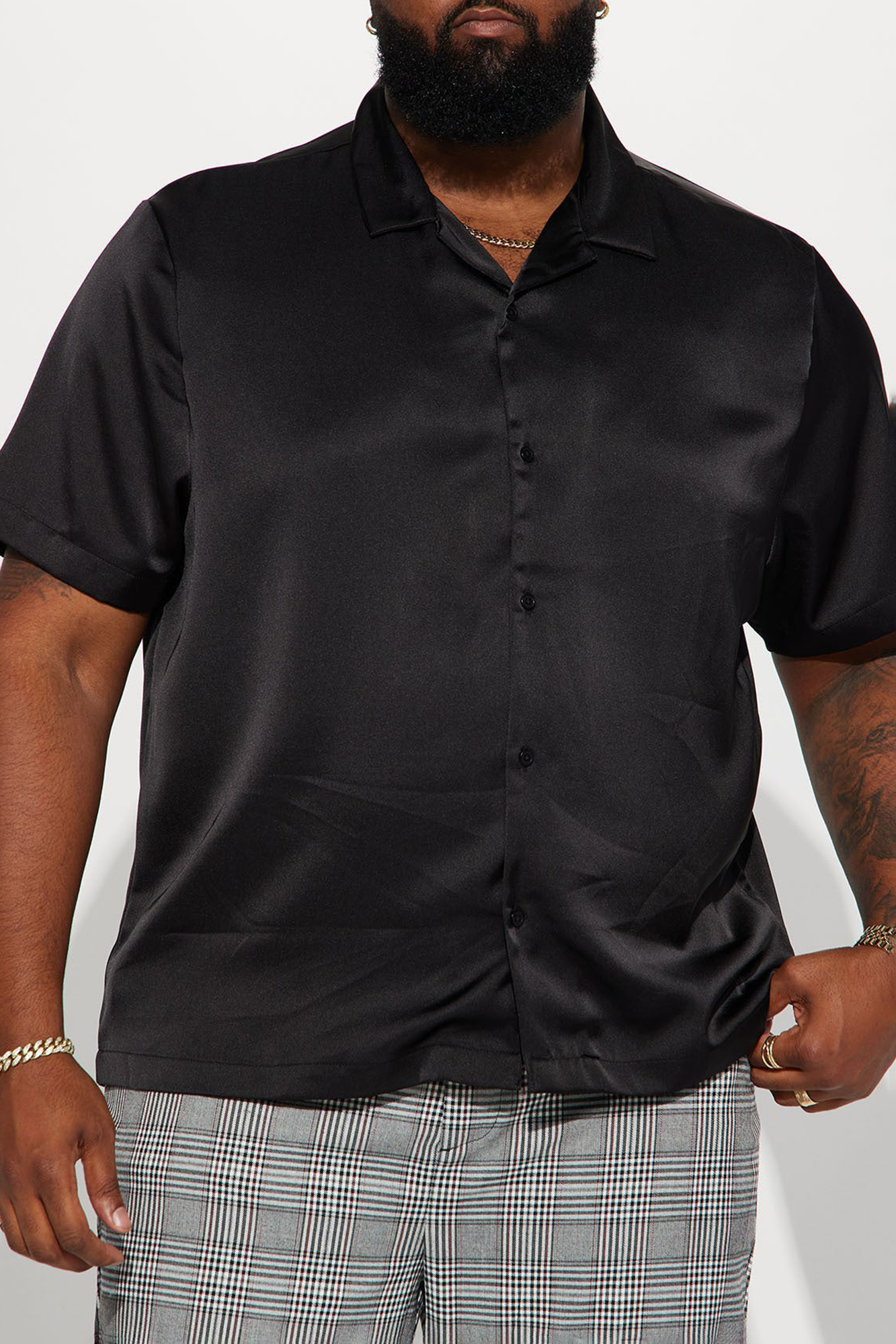 Links Satin Short Sleeve Button Up Shirt - Black