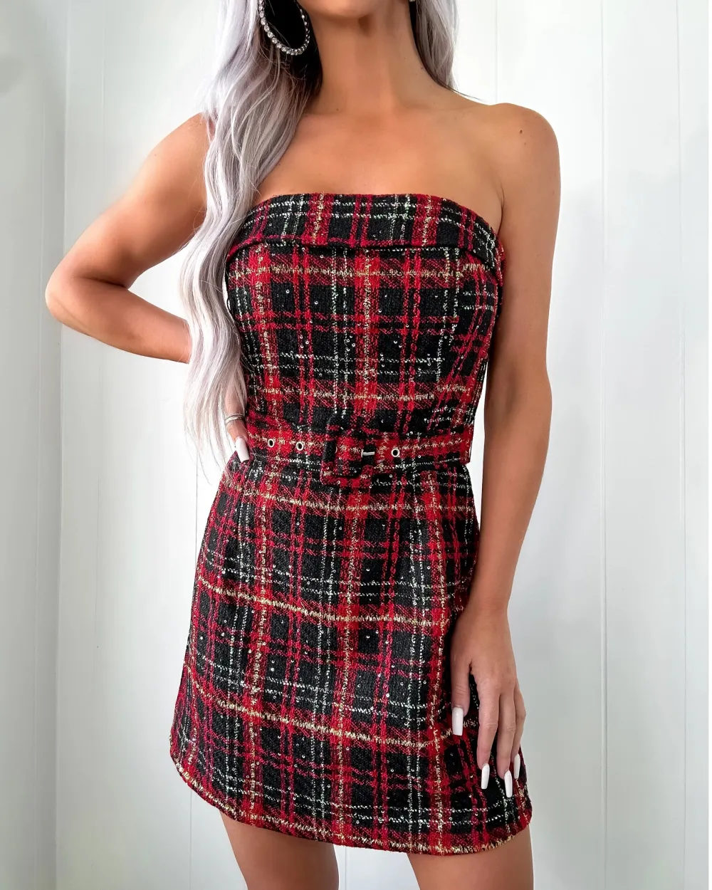 Instant Classic Tweed Belt Dress - Red/Black