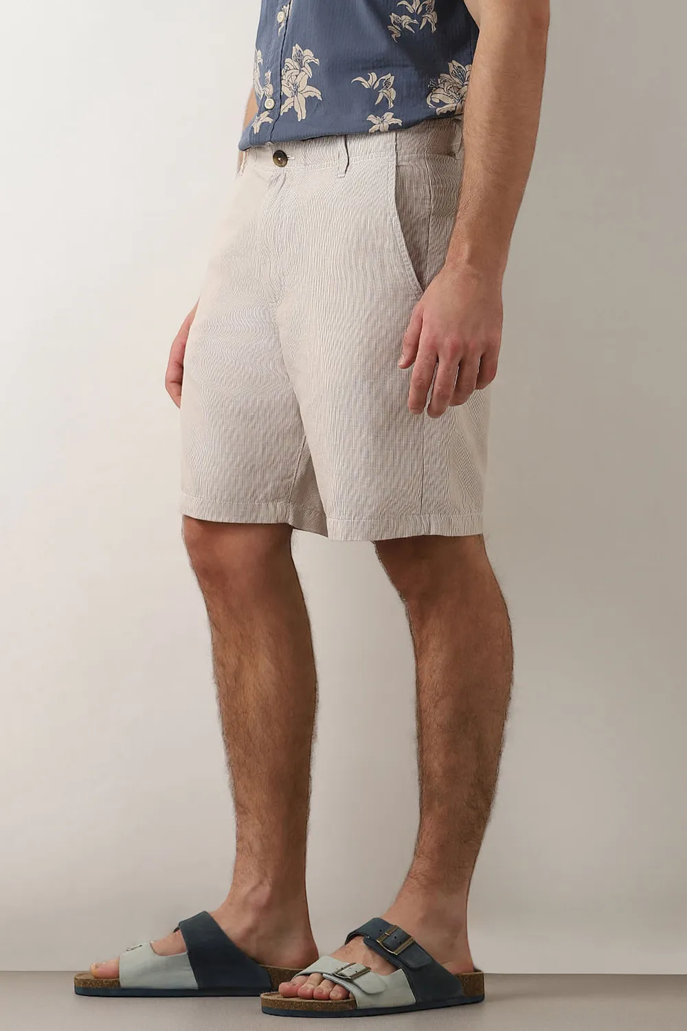 Beige Mi Rise Linen Shorts