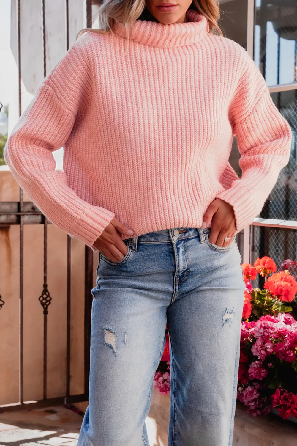 Chunky Pink Ribbed Turtleneck Sweater