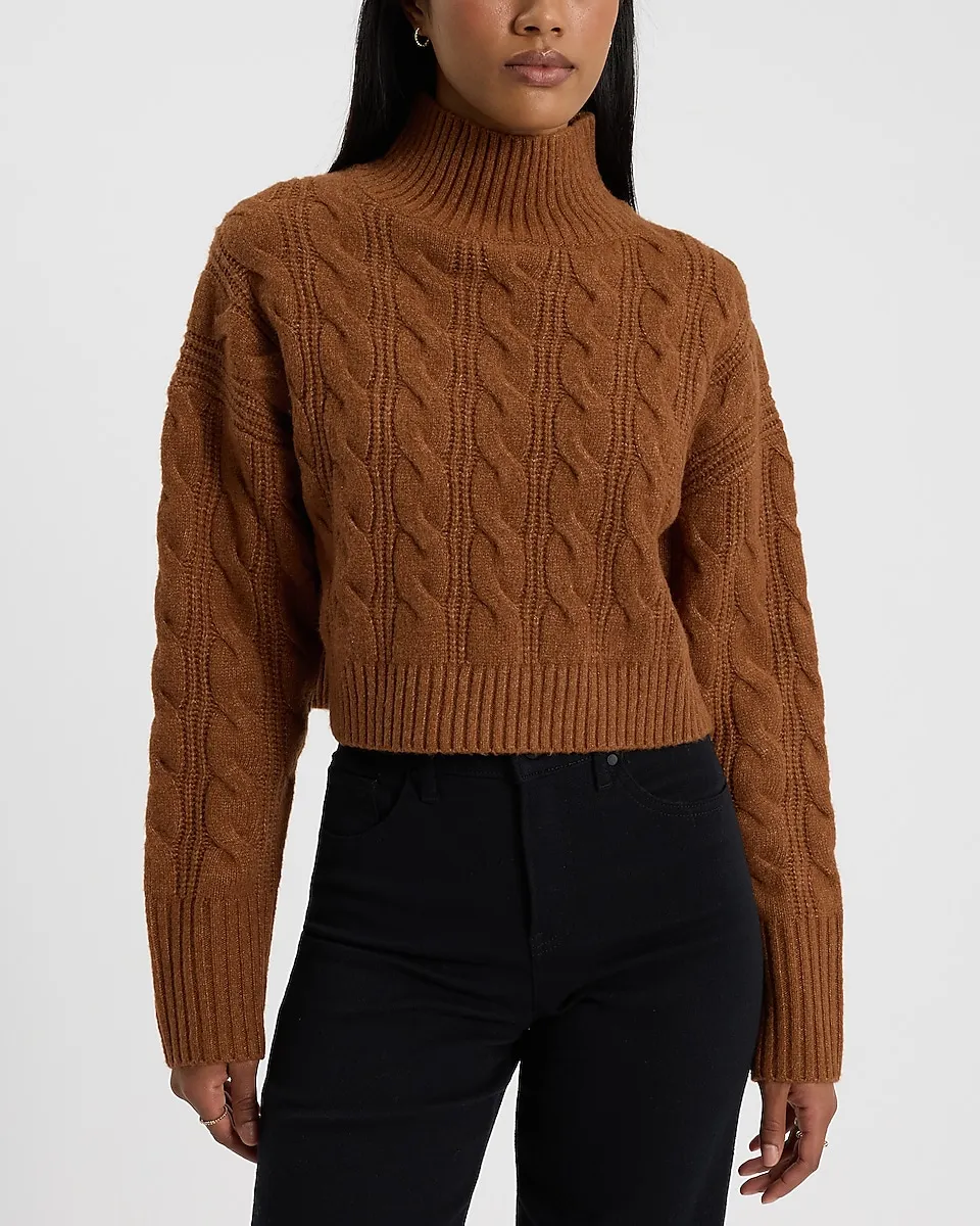 Cable Knit Mock Neck Cropped Sweater