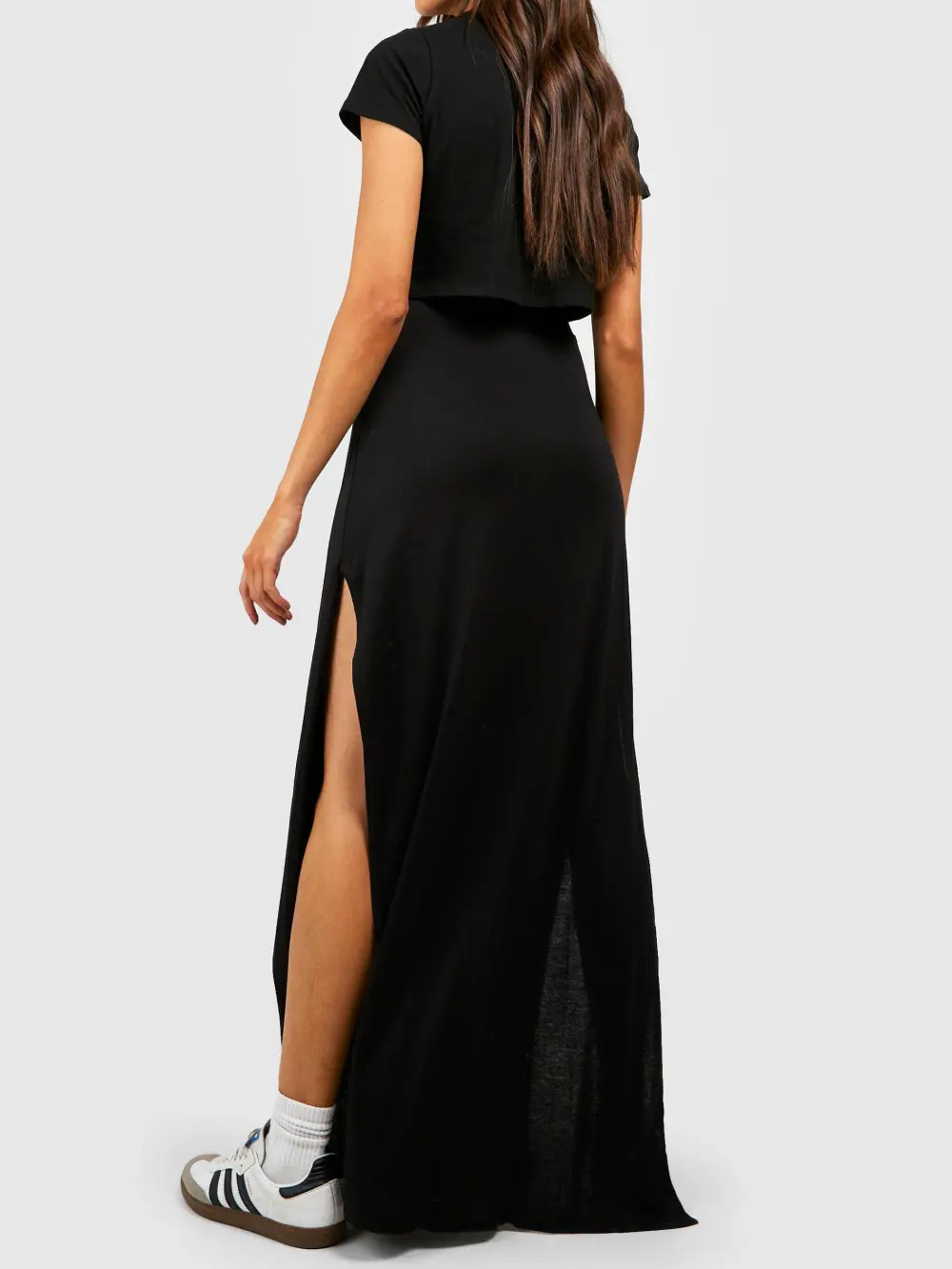 BASIC SOLID BLACK HIGH WAISTED SPLIT MAXI SKIRT