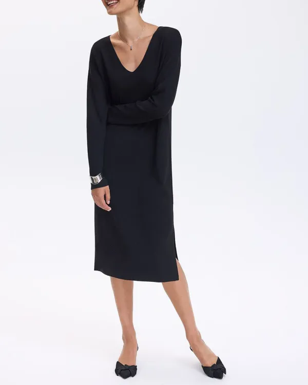 Long-Sleeve V-Neck Midi Sweater Dress