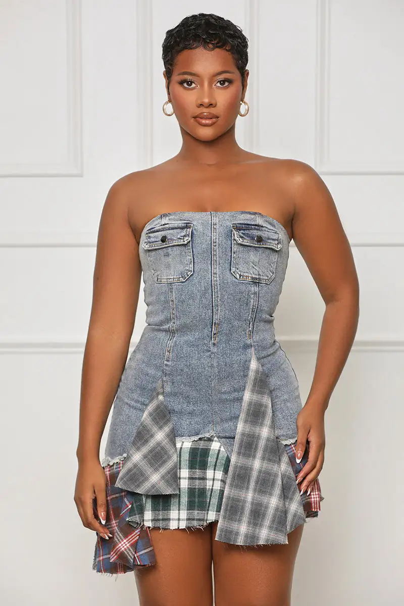 Meant For Me Denim Plaid Dress- FINAL SALE