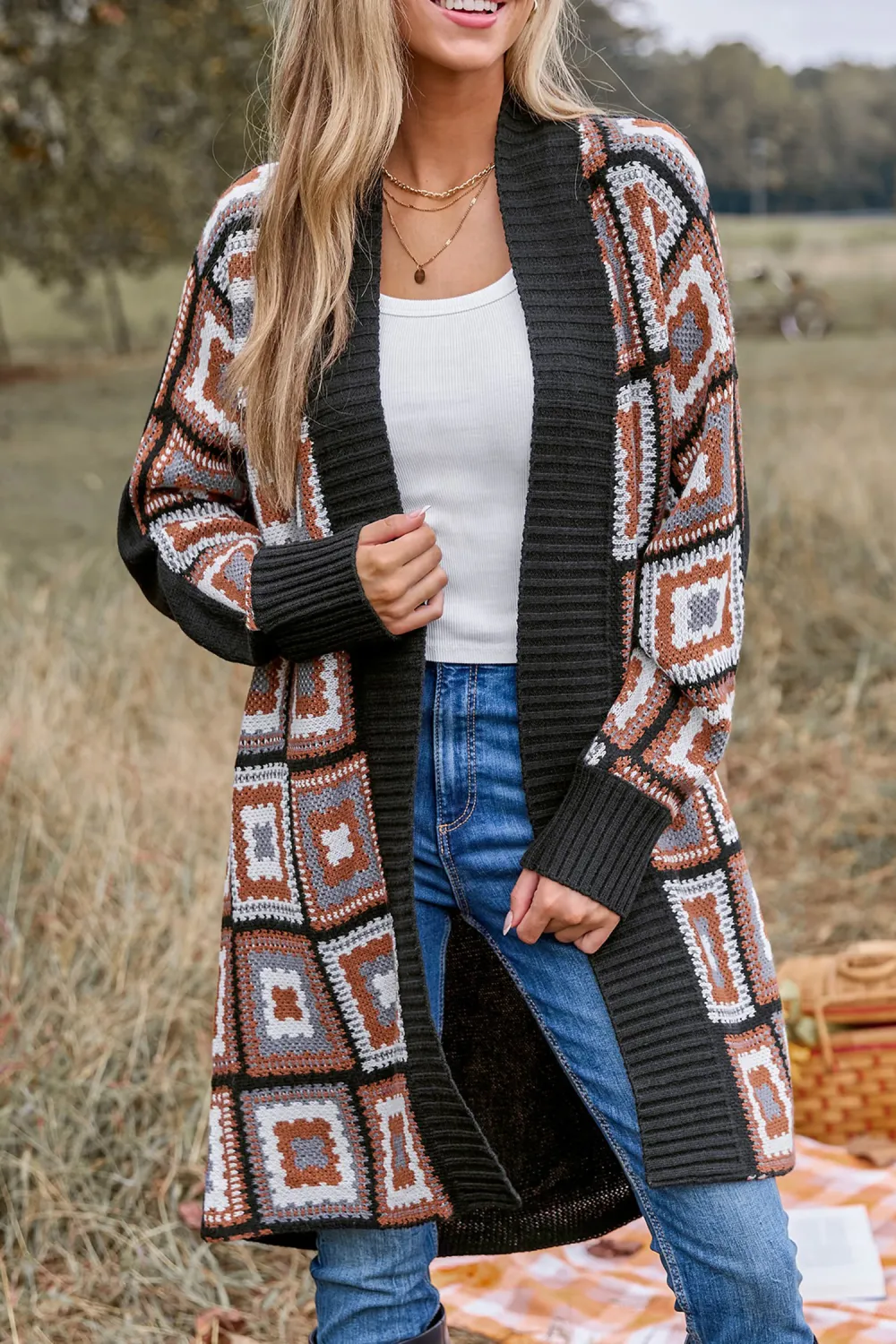 Patchwork Open Front Long Sleeve Knit Duster