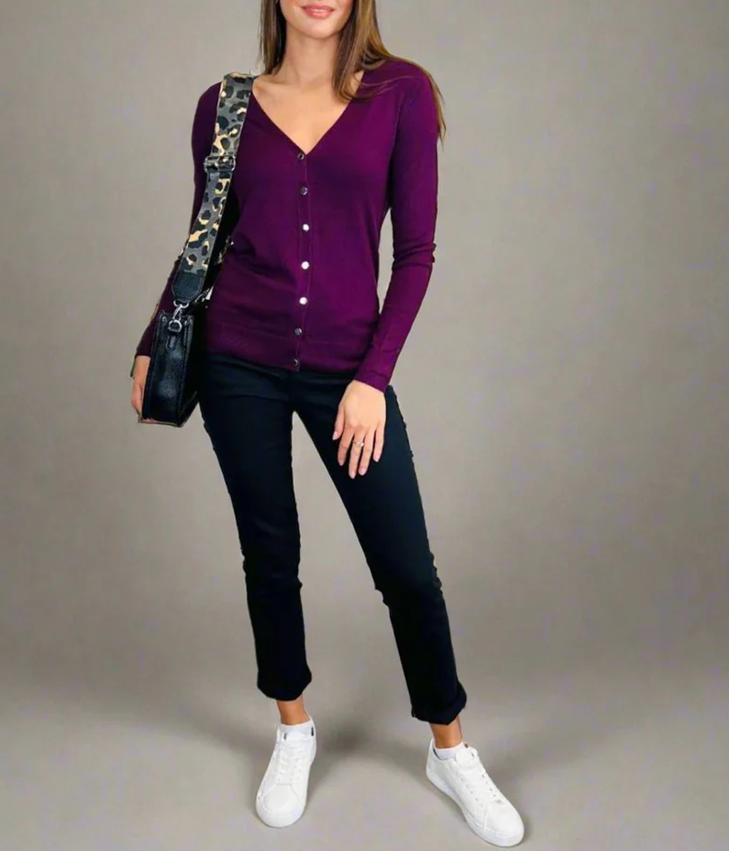 Plum V Neck Button Cardigan