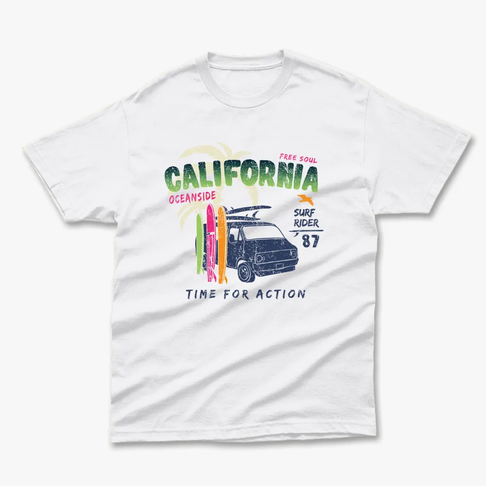 Retro Summer California Time For Action Printed T-Shirt