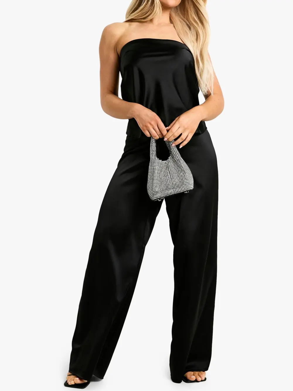 BLACK SATIN LONGLINE BANDEAU & DRAWSTRING WAIST WIDE LEG TROUSER SET