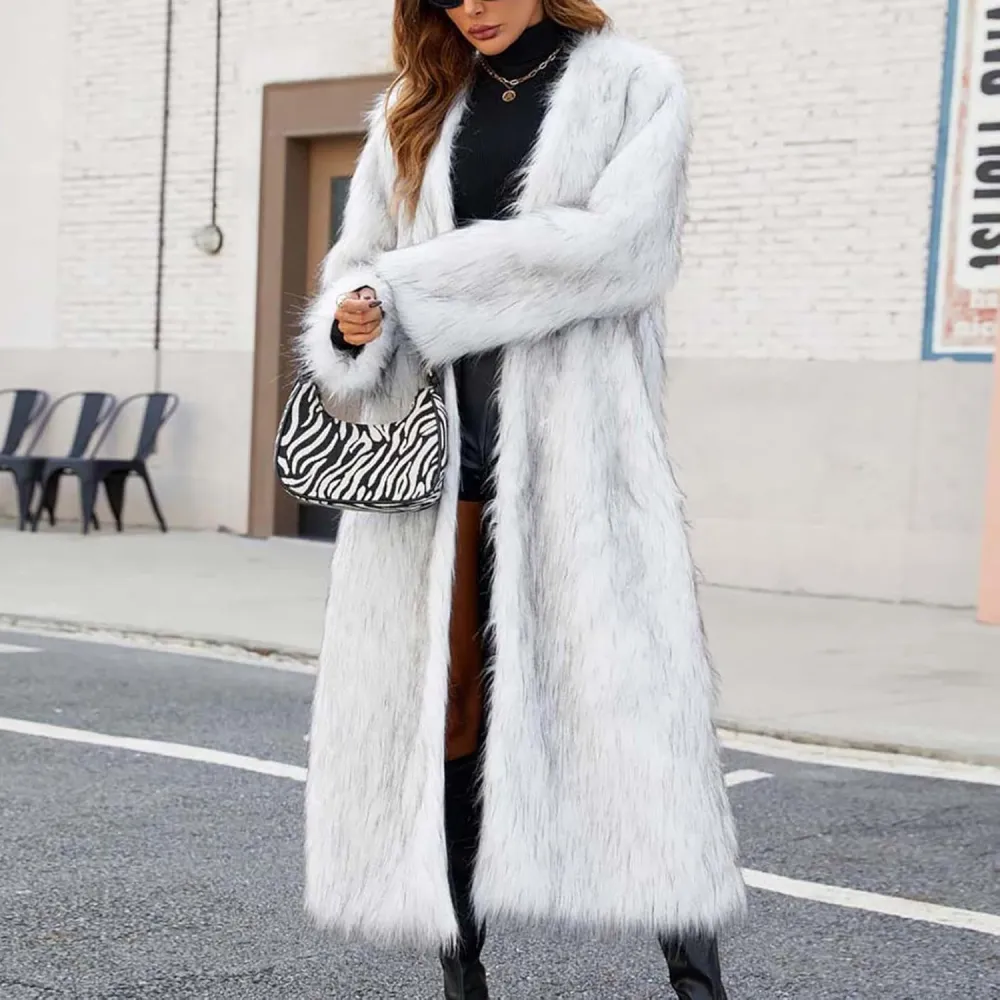 Mzkdieey Womens Faux Fur Warm Winter Coat Luxury Fluffy Parka Jacket Casual Open Front Cardigan Long Coat Outwear Overcoat