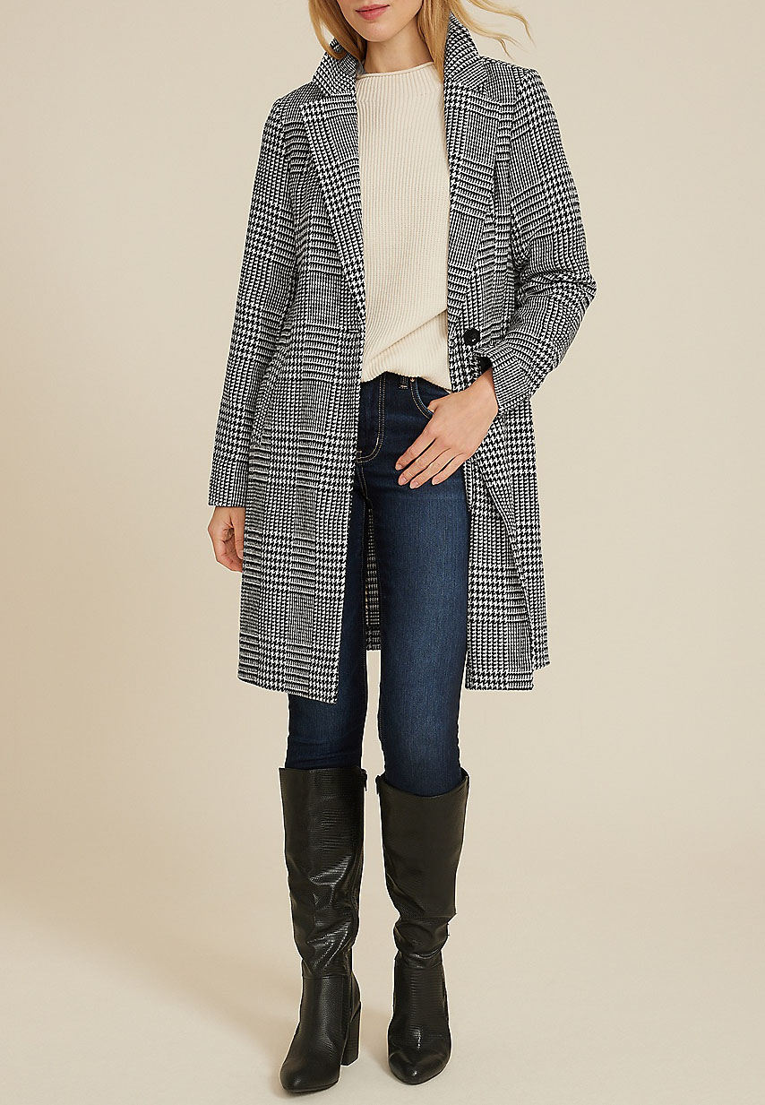 One Button Houndstooth Dress Coat