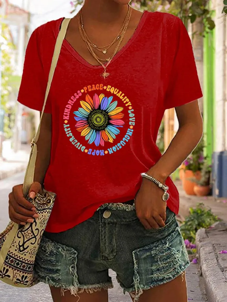 T-Shirt Kindness Peace Equality Love Hope Diversity Human Rights Black Floral Sunflower Pattern T-Shirt