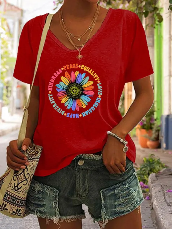 T-Shirt Kindness Peace Equality Love Hope Diversity Human Rights Black Floral Sunflower Pattern T-Shirt