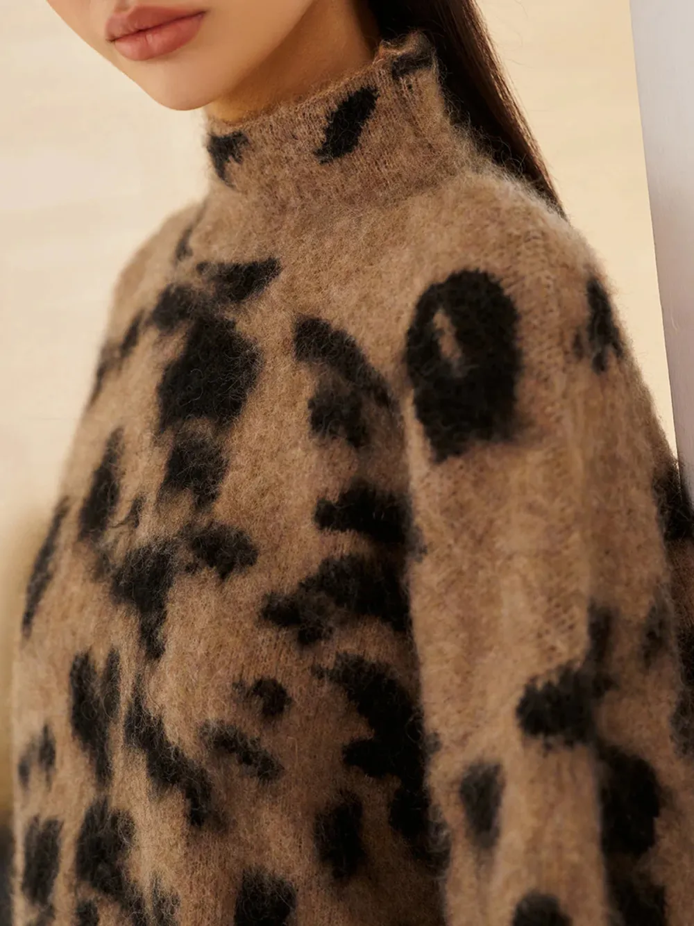 Fuzzy Leopard Drop Shoulder High Neck Sweater