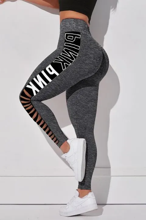Letter Print Hollow Out Side Sports Leggings
