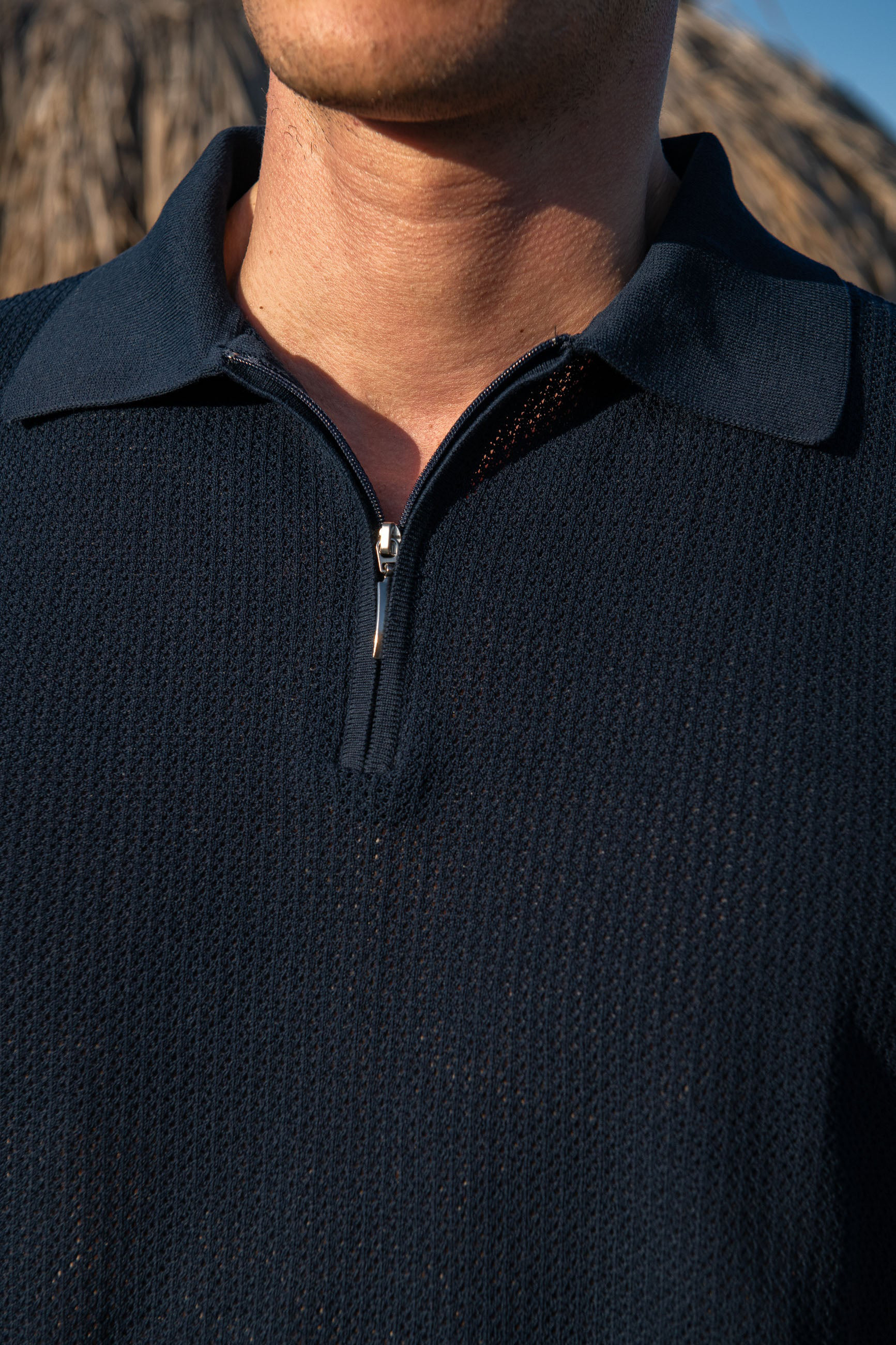 Blue Textured Knit Polo With Zip