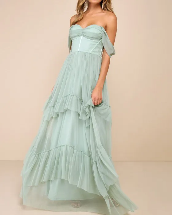Stunning Personality Sage Green Mesh Off-the-Shoulder Maxi Dress