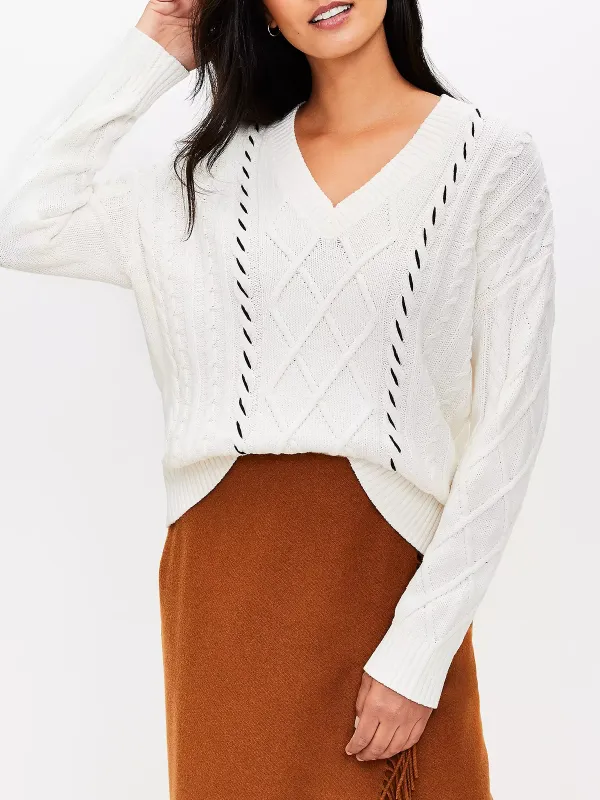 Stitched V-Neck Cable Sweater