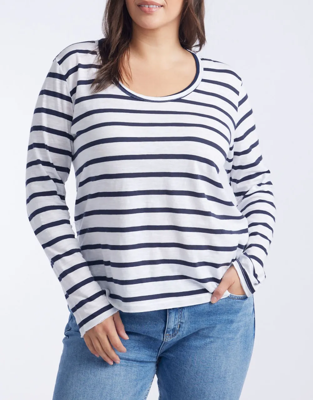 Original Round Neck Long Sleeve T-Shirt - Navy/White Stripe