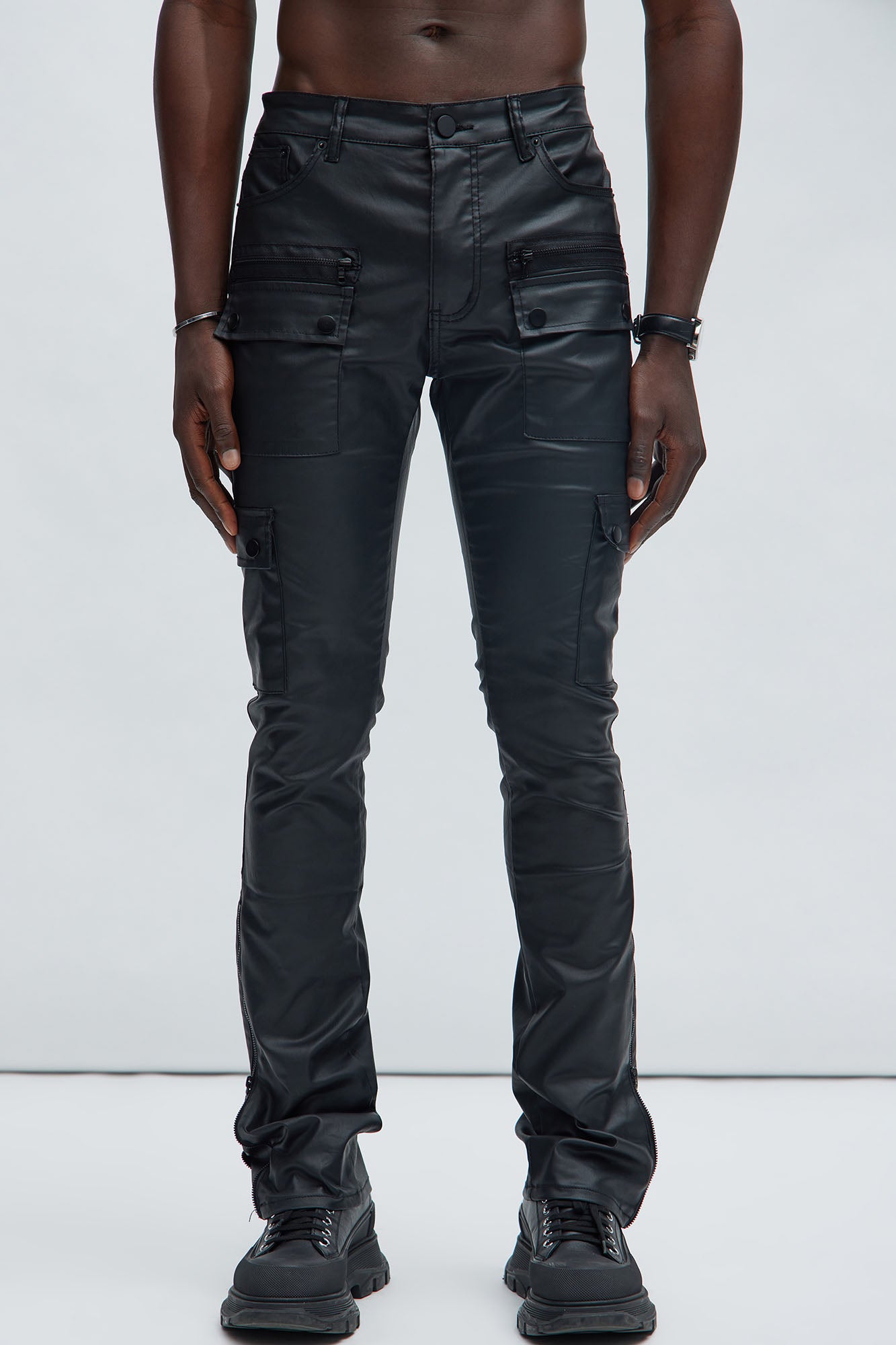 On The Verge Waxed Cargo Zipper Flare Pants