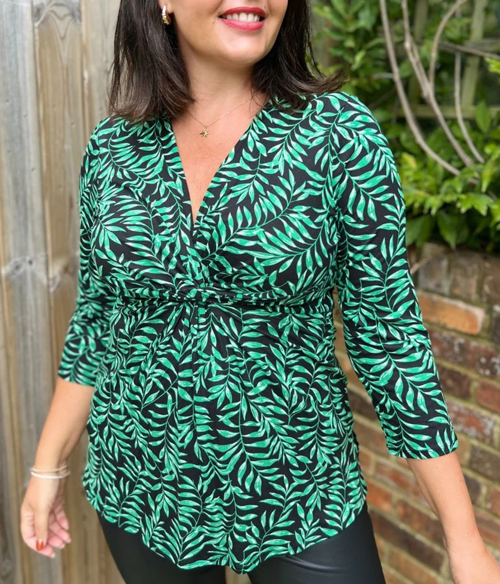 Green Leaf Print Twist Front Tunic Top