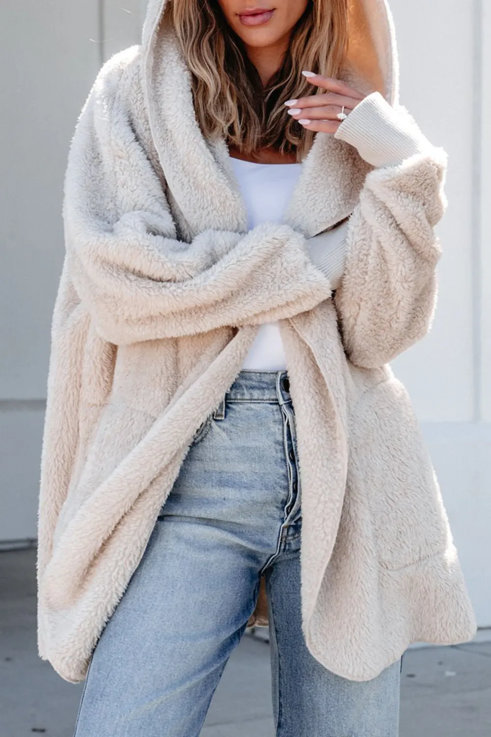 Teddy Fleece Hooded Cardigan - Cream