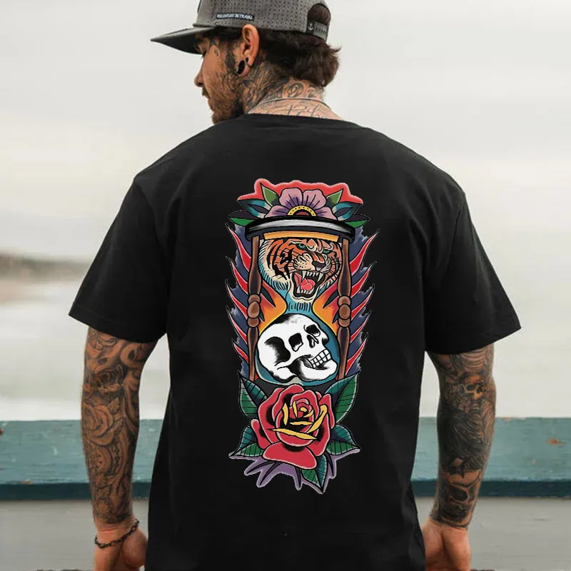 Tiger And Skull In Hourglass Printed Men's T-shirt