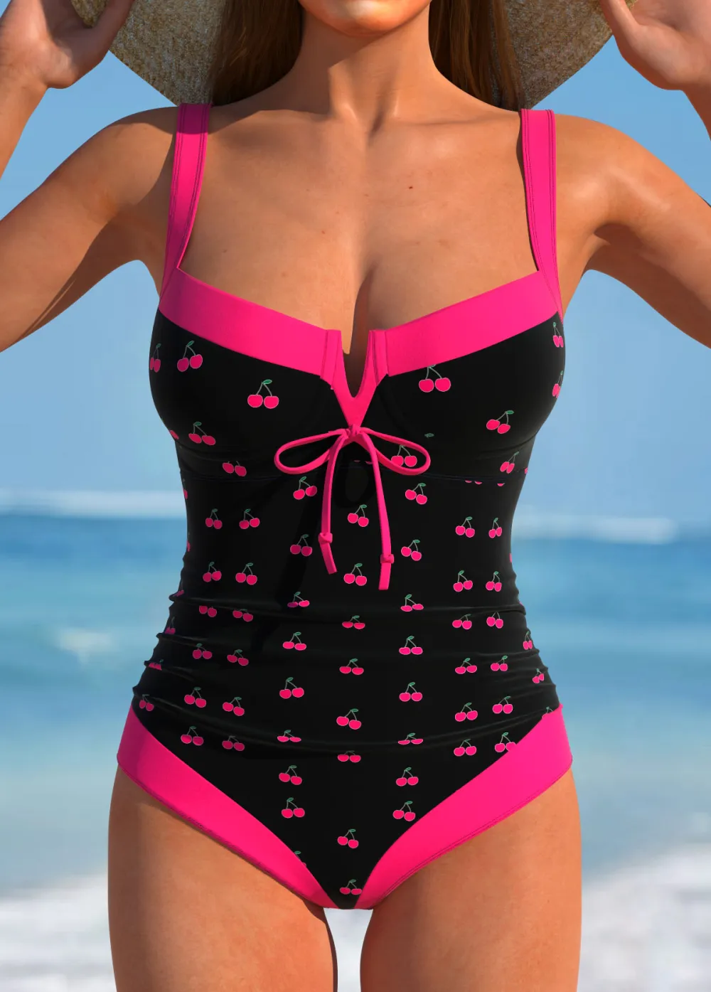 Cut Out Hot Pink Tie One Piece Swimwear