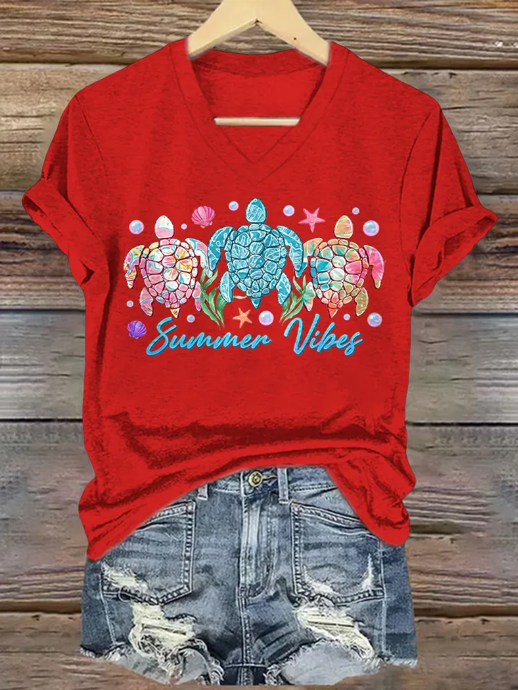 Women's Summer Vibes Short Sleeves V-Neck Pure Cotton T-Shirt