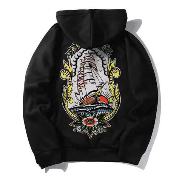 Sailing Vessel Floral Print Streetwear Black Hoodie