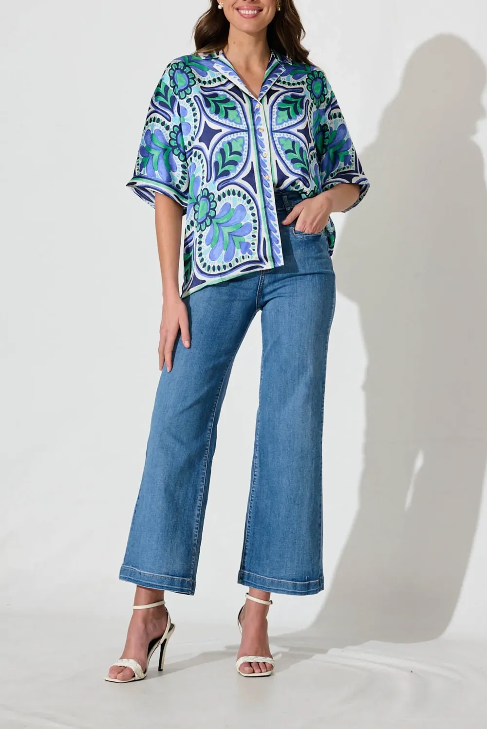 Blue Green Patterned Short Sleeve Shirt