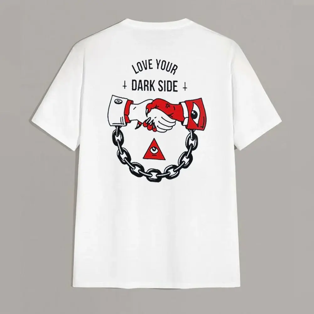 LOVE YOUR DARK SIDE Shaking Hands Graphic White Print T-shirt