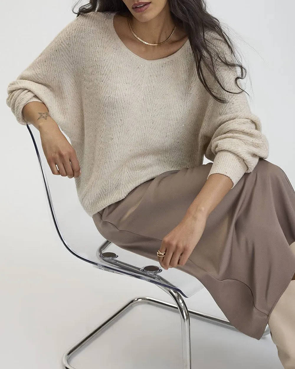 Long-Sleeve Boat-Neck Boxy Sweater with All-Over Sequins