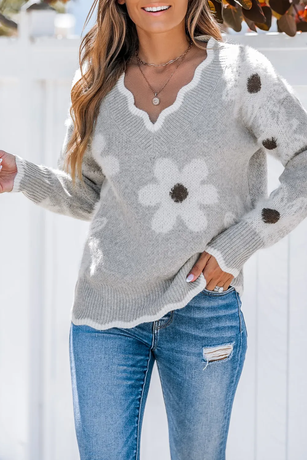 Grey Knit Daisy Scalloped Sweater