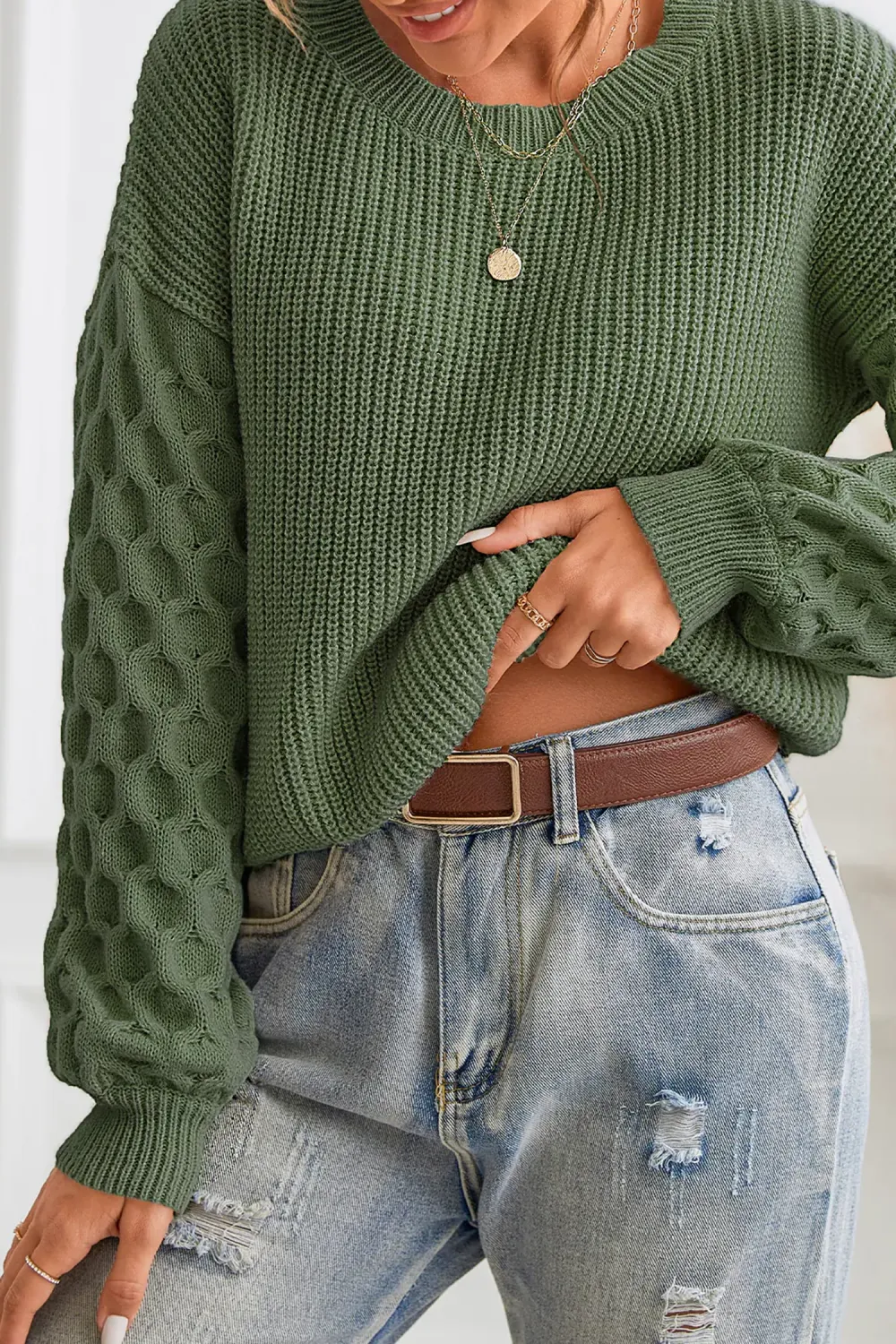 Green Honeycomb Puff Sleeve Sweater