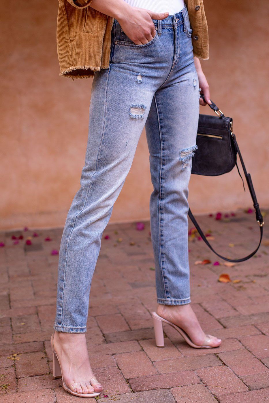 Frayed denim straight-leg pants in light colors