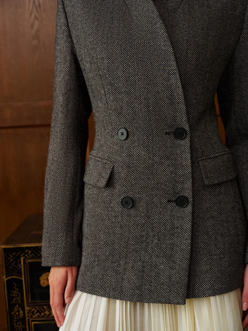 Wool-Blend Plain Double-Breasted Blazer