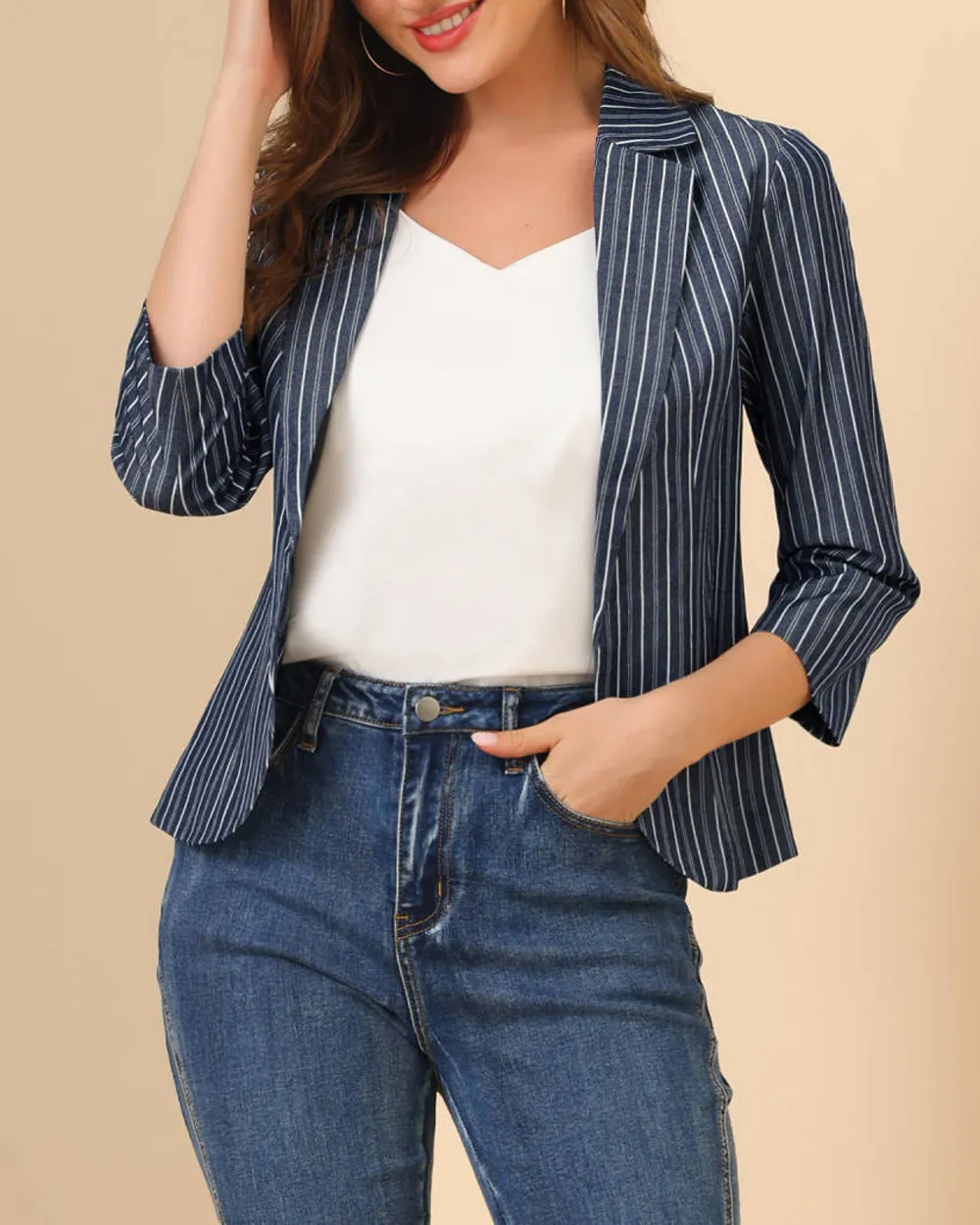 Allegra K- Striped 3/4 Sleeves Open Front Notched Lapel Blazer